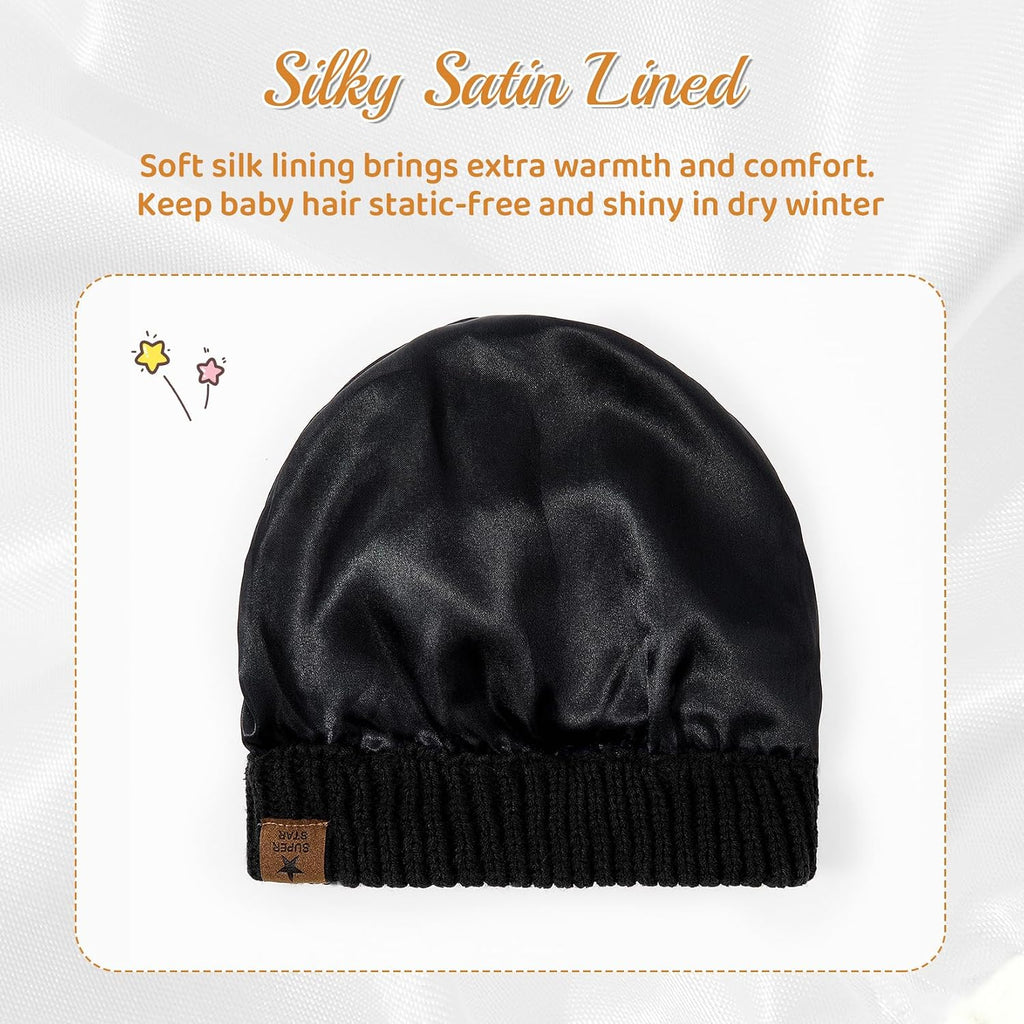 Satin Lined Baby Beanie 3 Pack Winter Knit Hat Infant Toddler