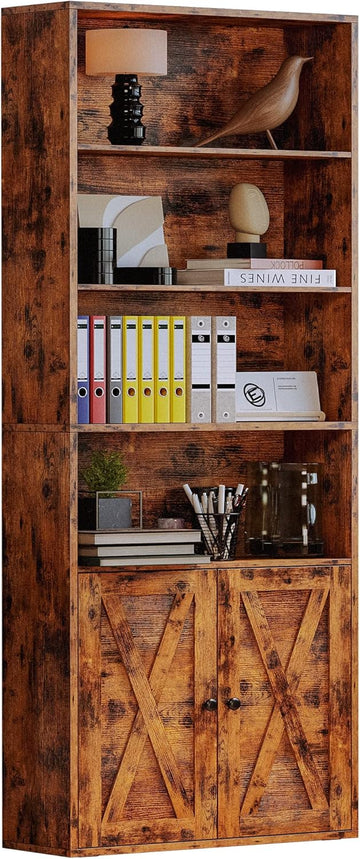 Industrial Bookshelves and Bookcases with Doors Floor Standing 6 Shelf Display Storage Shelves 70 in Tall Bookcase