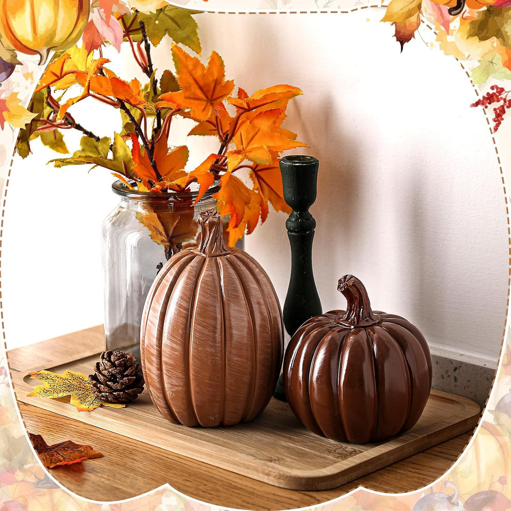 Fall Pumpkin Decor Resin Pumpkin Table Decor, Brown, Glossy - Set of 2