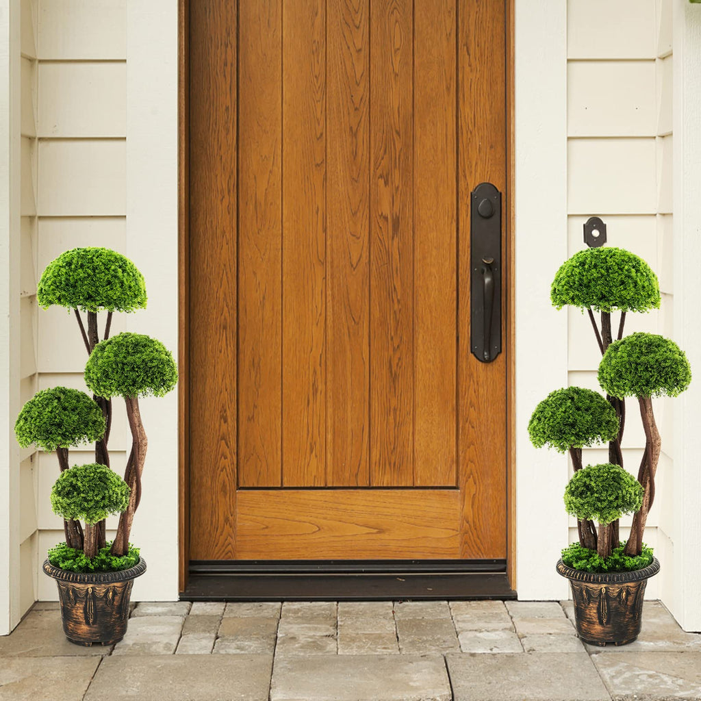 Artificial Cypress Topiary Ball Tree, 2 Pack 3 Ft Tall Artificial Plant, Indoor/Outdoor Topiary Trees with Golden