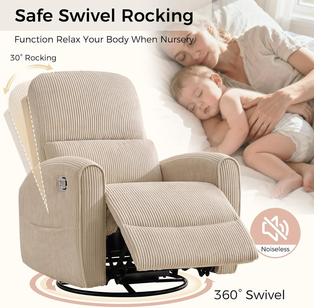 Swivel Rocker Recliner, Manual Glider Recliner Chair with Adjustable Headrest and Lumbar Support, Upholstered Rocking