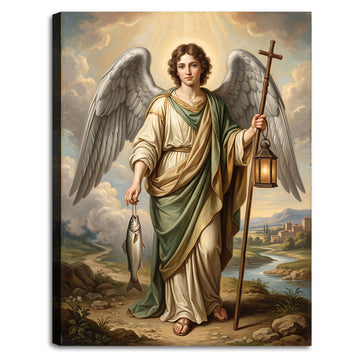 Archangel Raphael with Fish Wall Art, Saint Raphael Angel Portrait