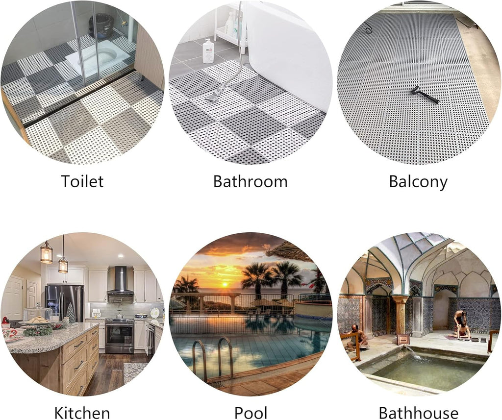 12 Pack 11.8" x 11.8" Interlocking Floor Tiles with Drain Holes Soft PVC Non Slip Shower Floor Mat Modular Interlocking