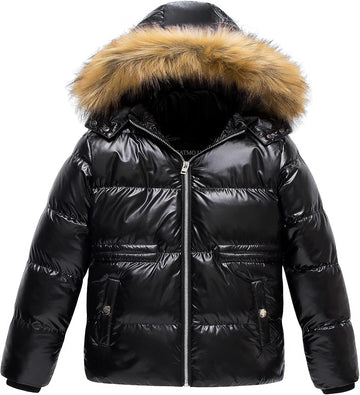 Girl's Kids Metallic Shiny Jacket with Detachable Fur Collar Warmth Winter Outerwear