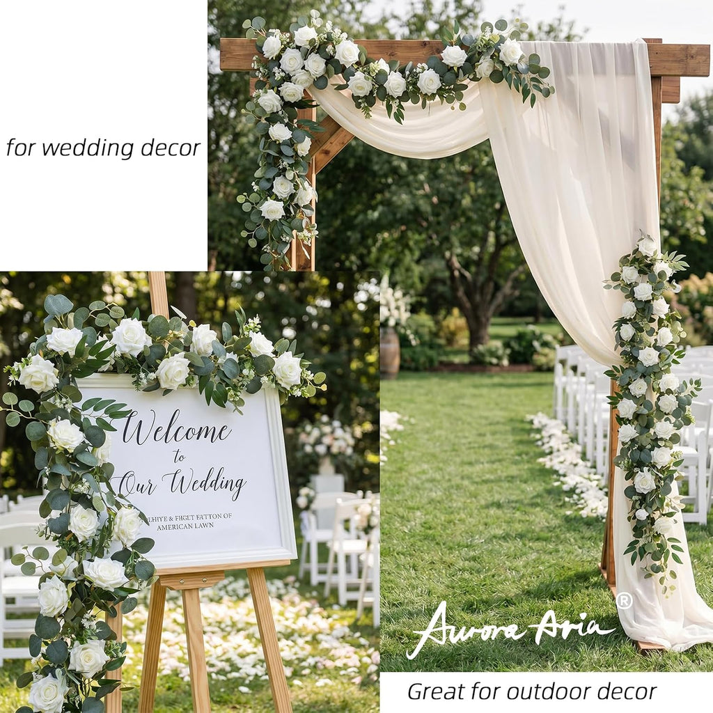 Artificial Flower Garland, White Rose Eucalyptus Vine, 2 Pack 12 ft Total, 6 ft Each, for Wedding Arch, Bridal Shower - Set of 2