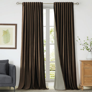 Full Blackout Brown Velvet Curtains 102 inch Long, 2 Panles Liner Rod Pocket Back Tab Thermal Window Curtains Room