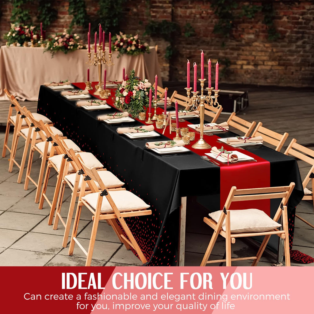24 Pack Black and Red Tablecloths and Satin Runners Set