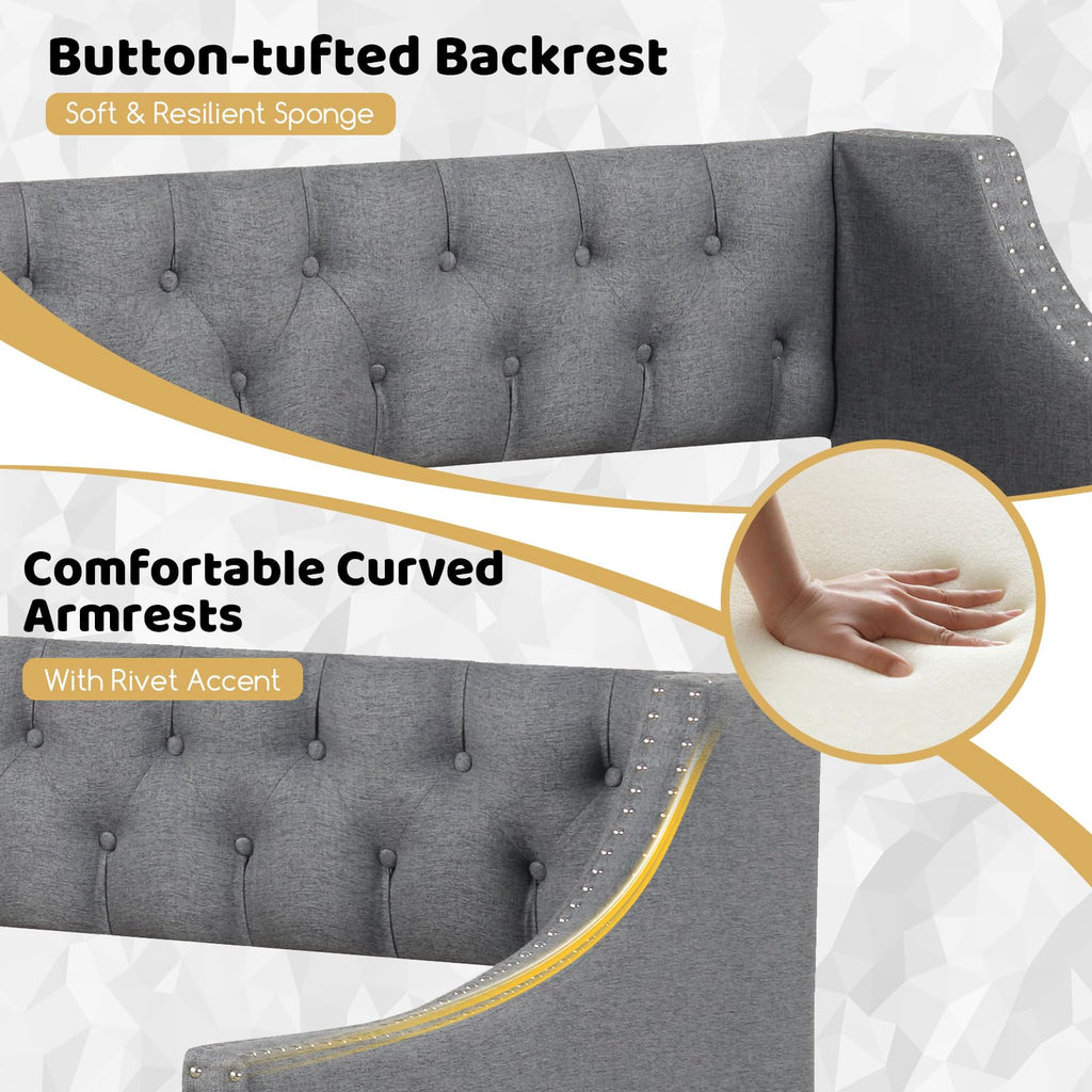 Upholstered Twin Daybed with Trundle, Modern Trundle Bed with Button Tufted Backrest and Wooden Slat Support, Twin