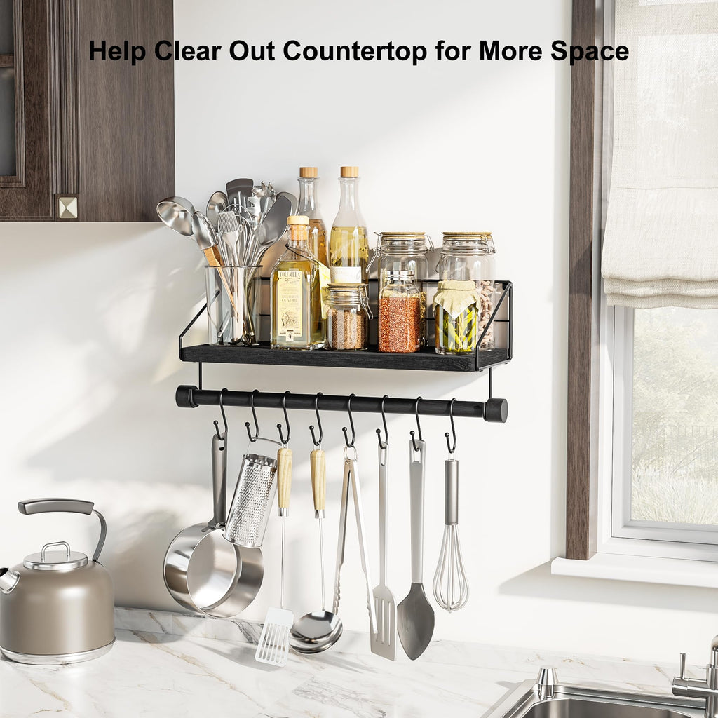 Floating Shelf for Wall with Wooden Towel Bar, Black