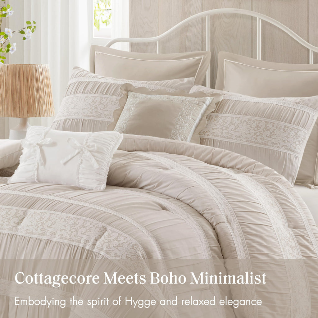 Park 5-Piece Farmhouse Comforter Set with Ruching & Lace Trim, Soft Chambray Bedding, Includes Comforter and 2