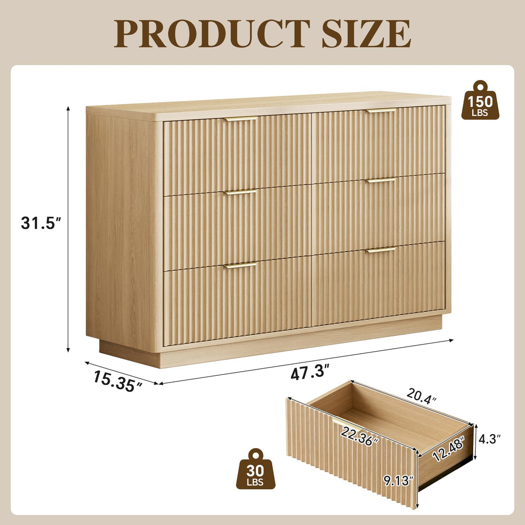 Fluted 6 Drawer Dresser, 47" W Modern Chest of Drawers with Metal Handles, Wood Dresser TV Stand, Closet Dresser