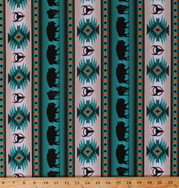 Cotton Southwestern Native American Aztec Buffalo Bison Wildlife Tucson 485 Turquoise Stripes Striped Cotton Print by