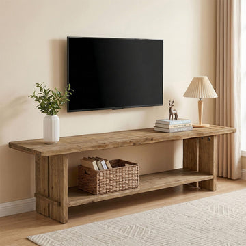 71" Solid Wood TV Stand for 55/65/75/85-Inch TV, 2-Tier TV Table