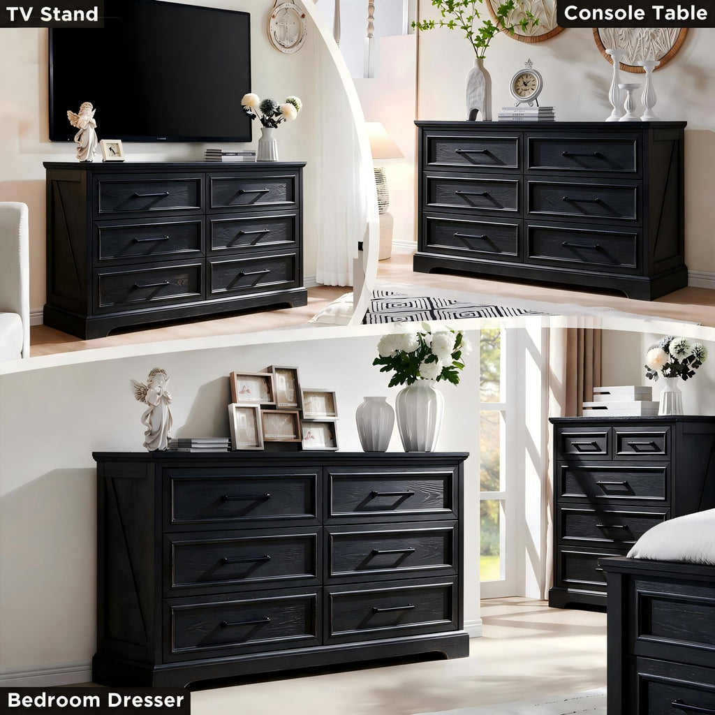 52" Wide Farmhouse 6 Drawer Dresser, Black