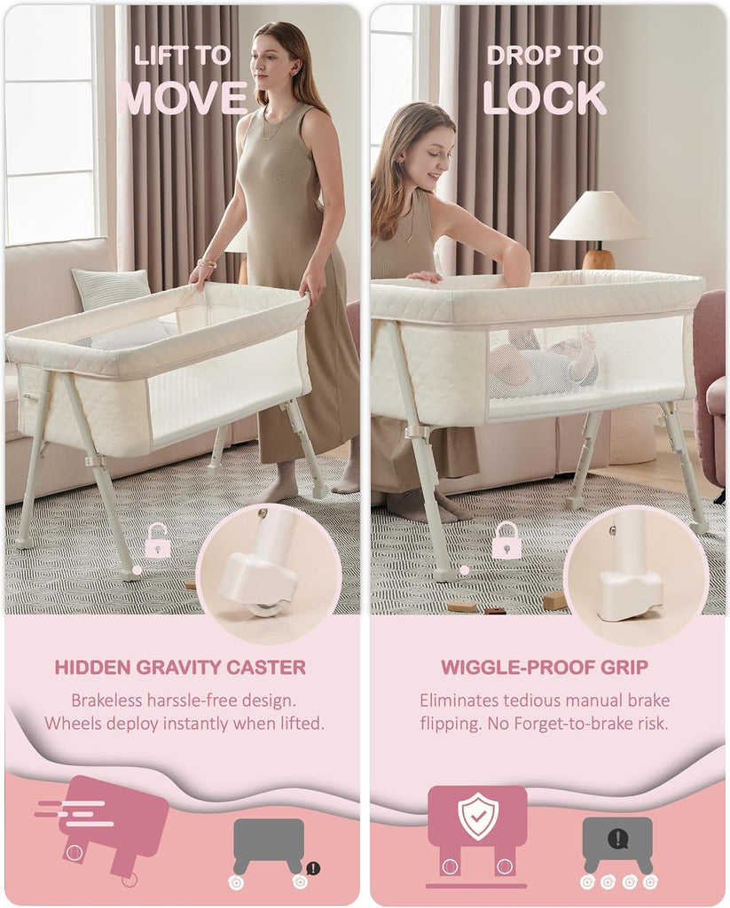 Bassinet Bedside Sleeper, Baby Crib for Newborn, Baby Bassinets Bedside Sleeper with 4 Auto-Lock & Adjustable Height