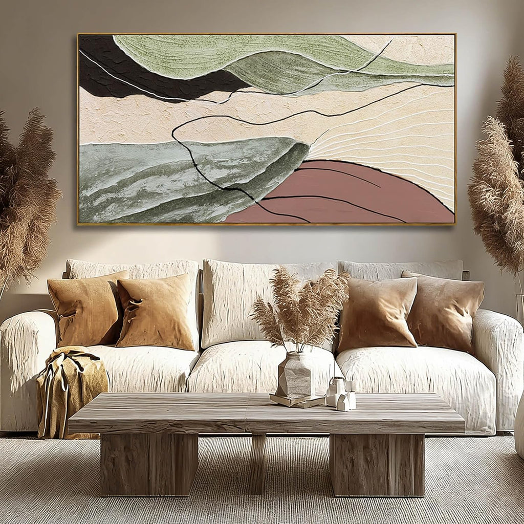 Brown Green Abstract Canvas Wall Art, Framed Beige White Painting, Neutral Black Prints Wall Decor, In Artwork