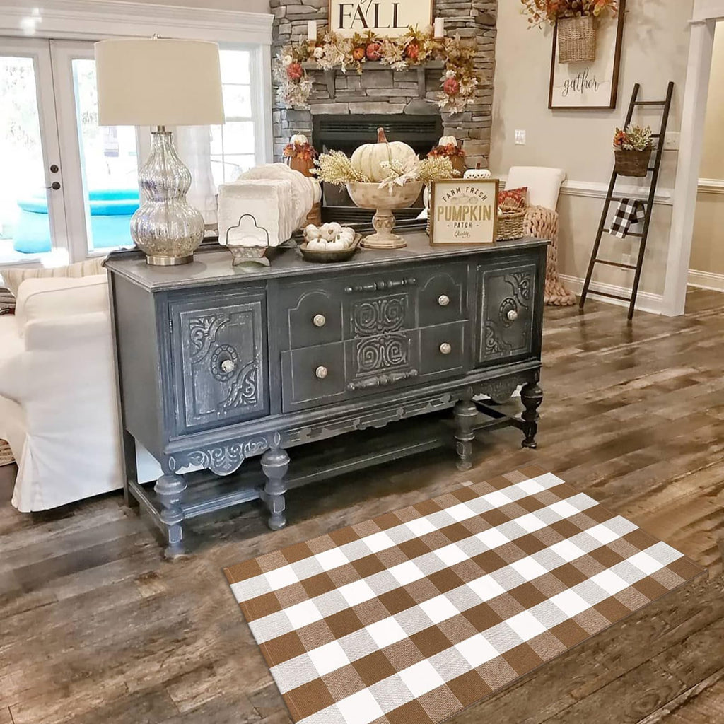 Fall Ourdoor Rug Farmhouse Brown and White Buffalo Check Rug Layered Welcome Door Mat for Front Porch Decor, Front