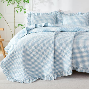 Gingham Quilt Set Light Blue Ruffled Summer Bedspread