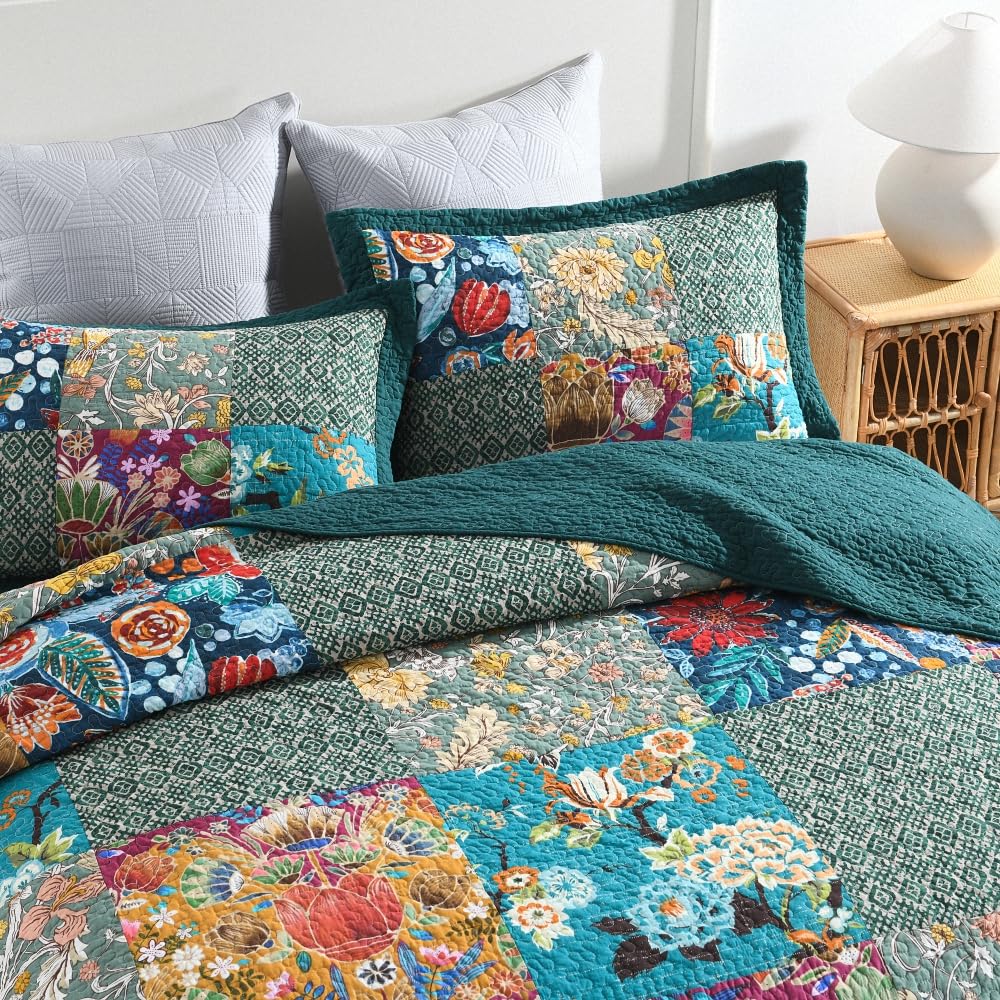 Cotton Bedspread Quilt Sets Reversible Bedding Coverlet Sets Comforter, Vintage Floral Patchwork Turquoise Bedspread
