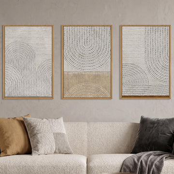 Mid Century Modern Arch Circle Framed Canvas Wall Art Set- 24"x36"x3