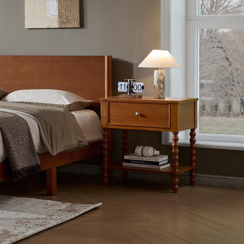 Walnut Nightstand Set of 2, Solid Wood Bedside Table, Brown 24"