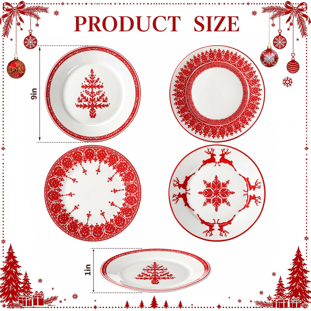 4 Pcs Red Christmas Ceramic Plates 9 Inch Salad Dish Serving Set