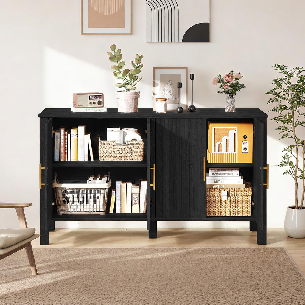 Black Mid-Century 4-Door Fluted Buffet Cabinet with Storage