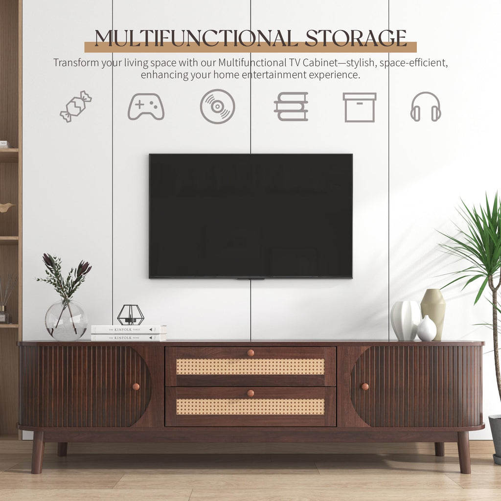 Rattan TV Stand for TVs up to 75", Modern Farmhouse Media Console with Multi-Functional Storage, Boho Entertainment