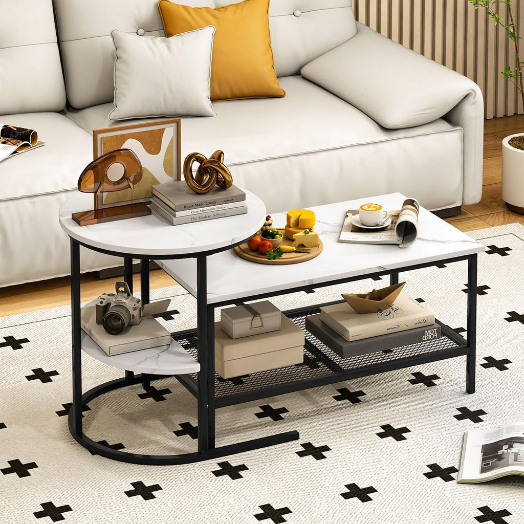 Nesting Coffee Set of 2, 2 PCS Nesting Tables with Faux Marble Top and Extra Storage Shelf, Modern Round End &