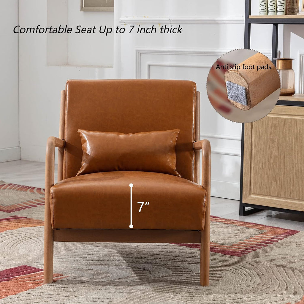 Mid Century Modern Accent Chair with Wood Frame, PU Leather Reading Armchair with Waist Cushion, Upholstered Living