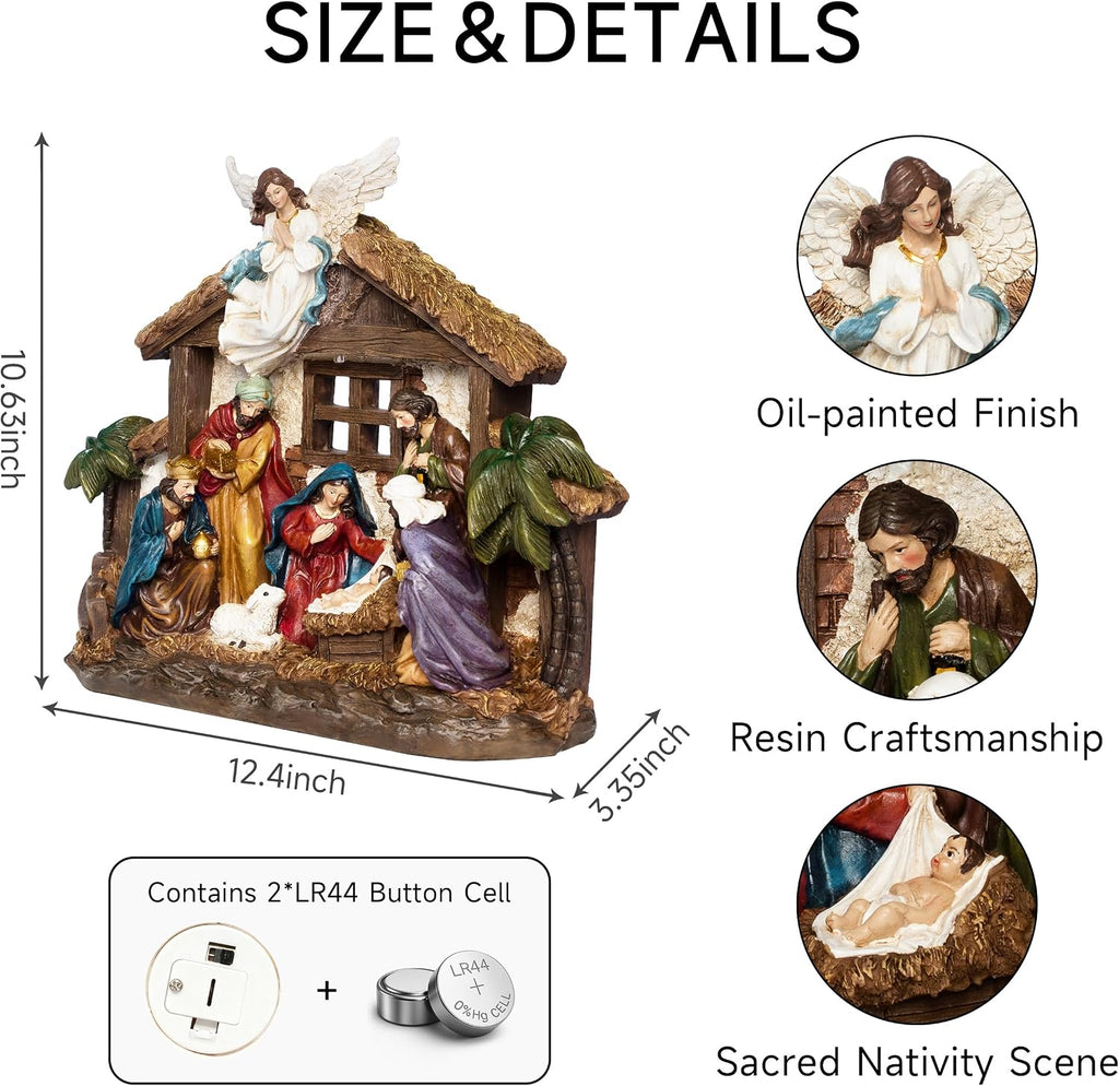 Nativity Sets for Christmas Figurine Decorations Indoor, 12.5 Inch Large Lighted Resin Manger for Nativity Scene