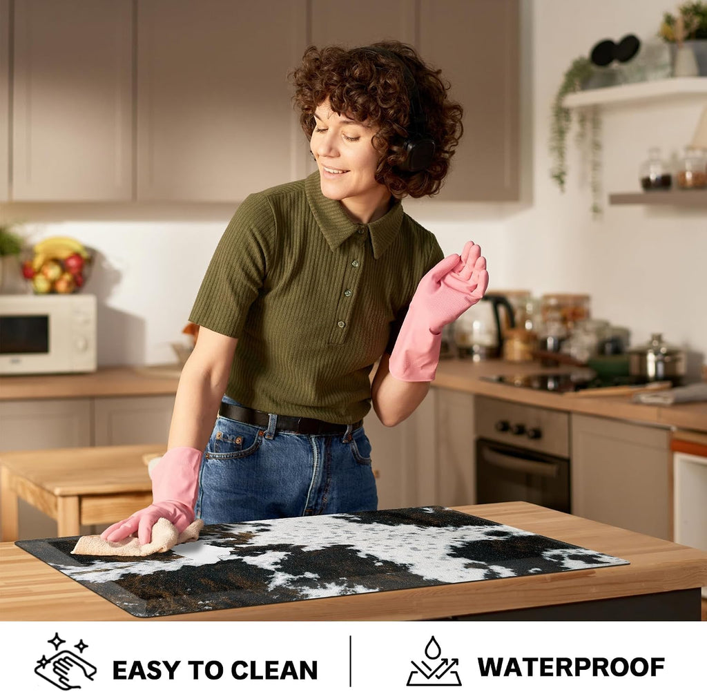 Cowhide Kitchen Mat Cushioned Anti Fatigue, 17.3x47 | 4/5 Inch Thick, Western Cow, Bevel Edge, Non Slip PVC