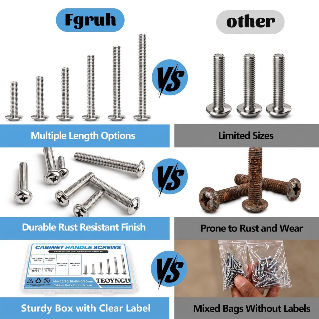 200PCS M4 Cabinet Pulls Knobs Screws,M4 Machine Screws,M4×25/30/35/40/45/50mm Phillips Pan Head Drawer Screws with
