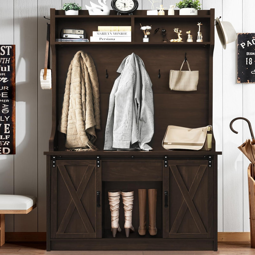 Farmhouse Hall Tree with Bench & Shoe Storage, Oak