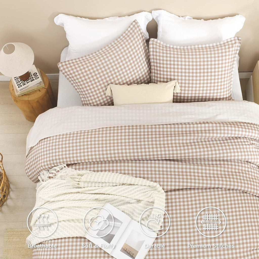 Tan Gingham Comforter Set Twin(66x90Inch), Brown Checkered Grid Plaid Buffalo Bed Set for Girls Boys Kids Teens, 2