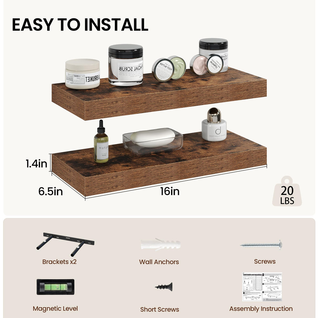16 Inch Floating Shelves Wall Mounted for Display, 6.5 Deep Duty Shelves with Invisible Brackets Storage & Decor, 16"
