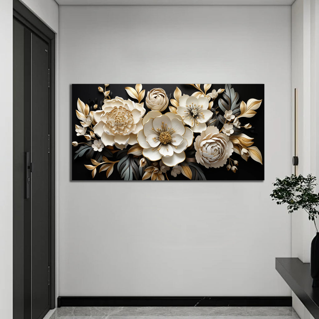 Large Gold and Black Flower Wall Art Botanical Picture Modern Artwork Office Teen Girls Room Kitchen 20x40 Inch