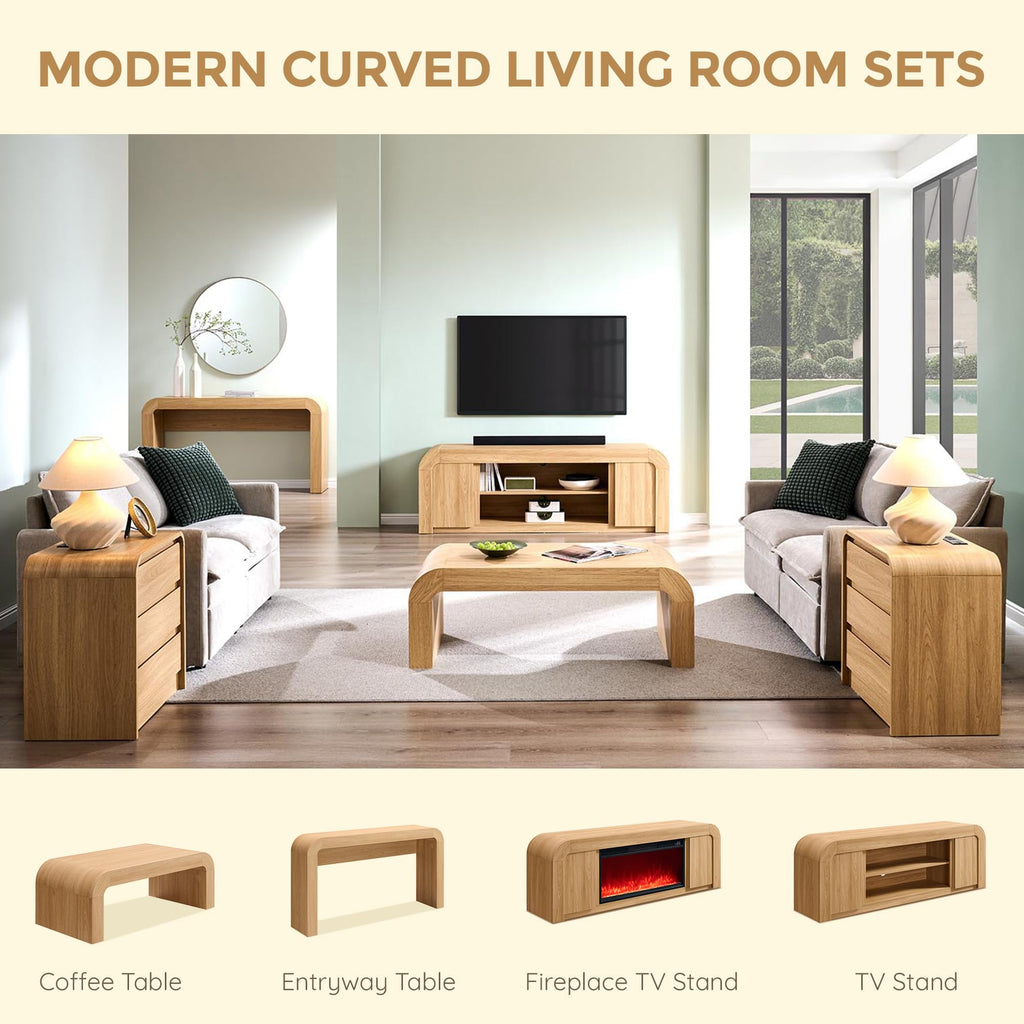 48" Modern Coffee Table, Wooden Curved Center Table, Natural Oak