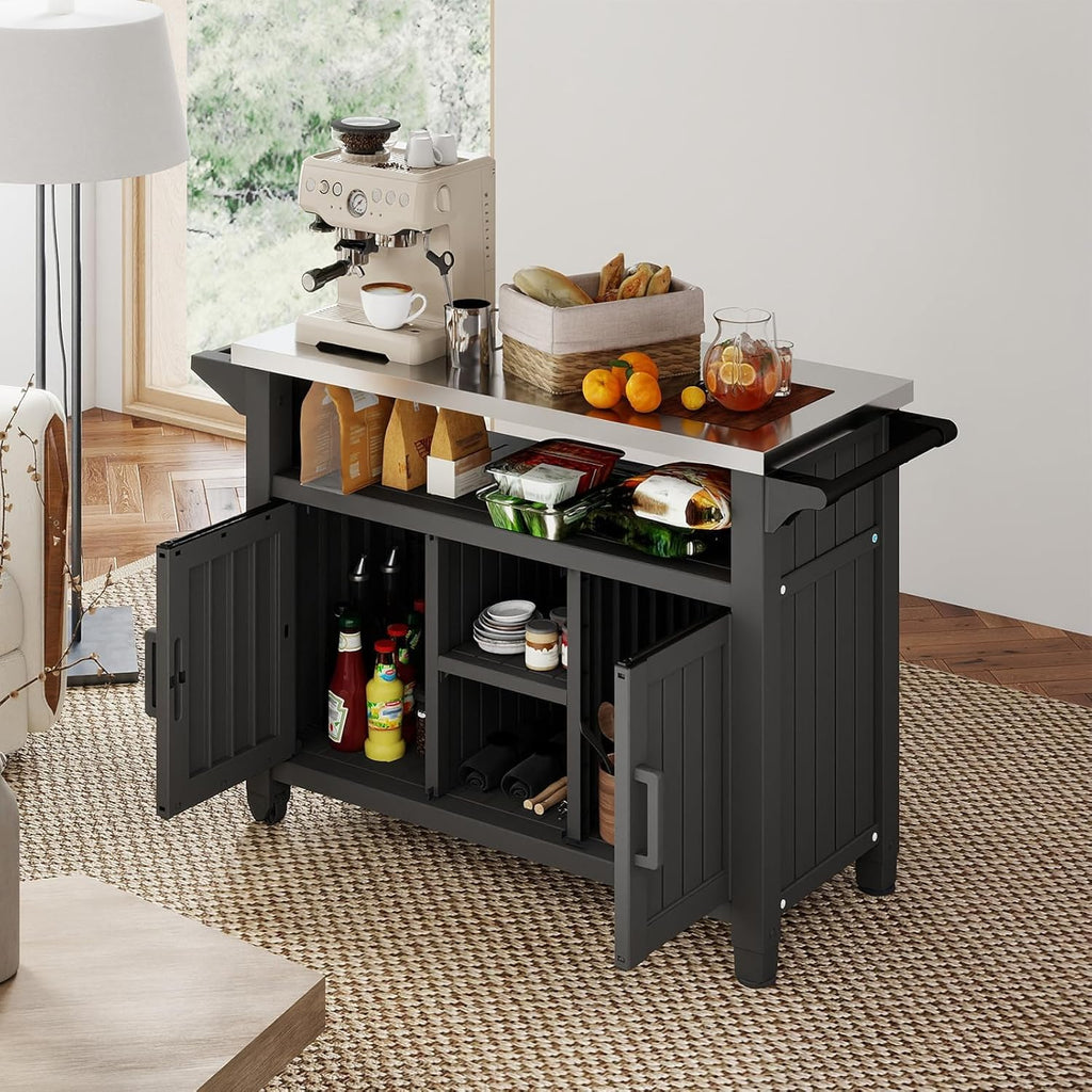 Outdoor Storage Cabinet, Patio Storage Table, Bar Table with Wheels, Outdoor Bar Cart, Poolside and Backyard, Classic