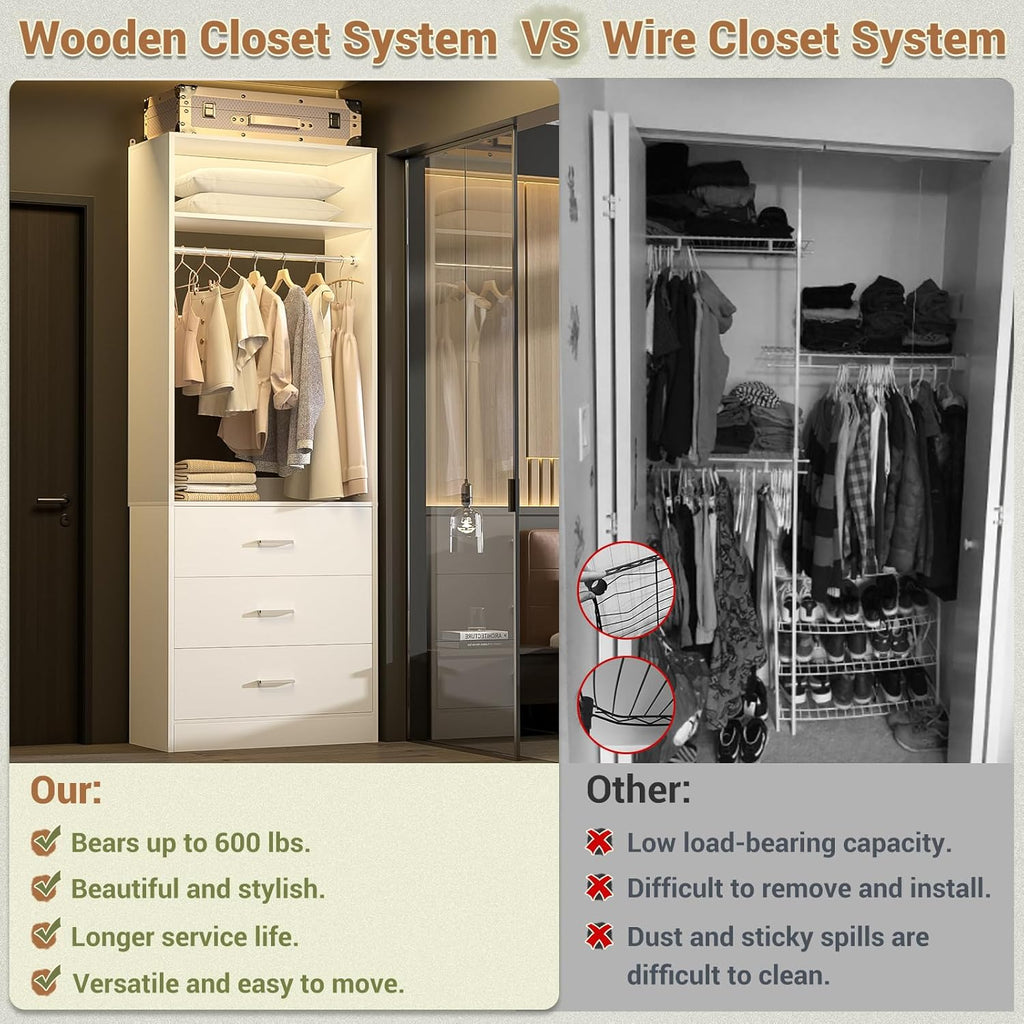 4FT Closet Systems with 6 Wood Drawers, Closet System Set of 2 | 48" Closet Organizer System with 2 Hanging Rods & 2