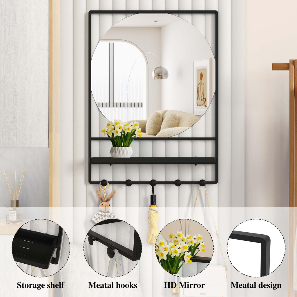 Wall Mirror with Shelf and Hooks, 21" X 28" Metal Framed Bathroom Mirror with Shelf, Decorative Mirror (Black, 21 x