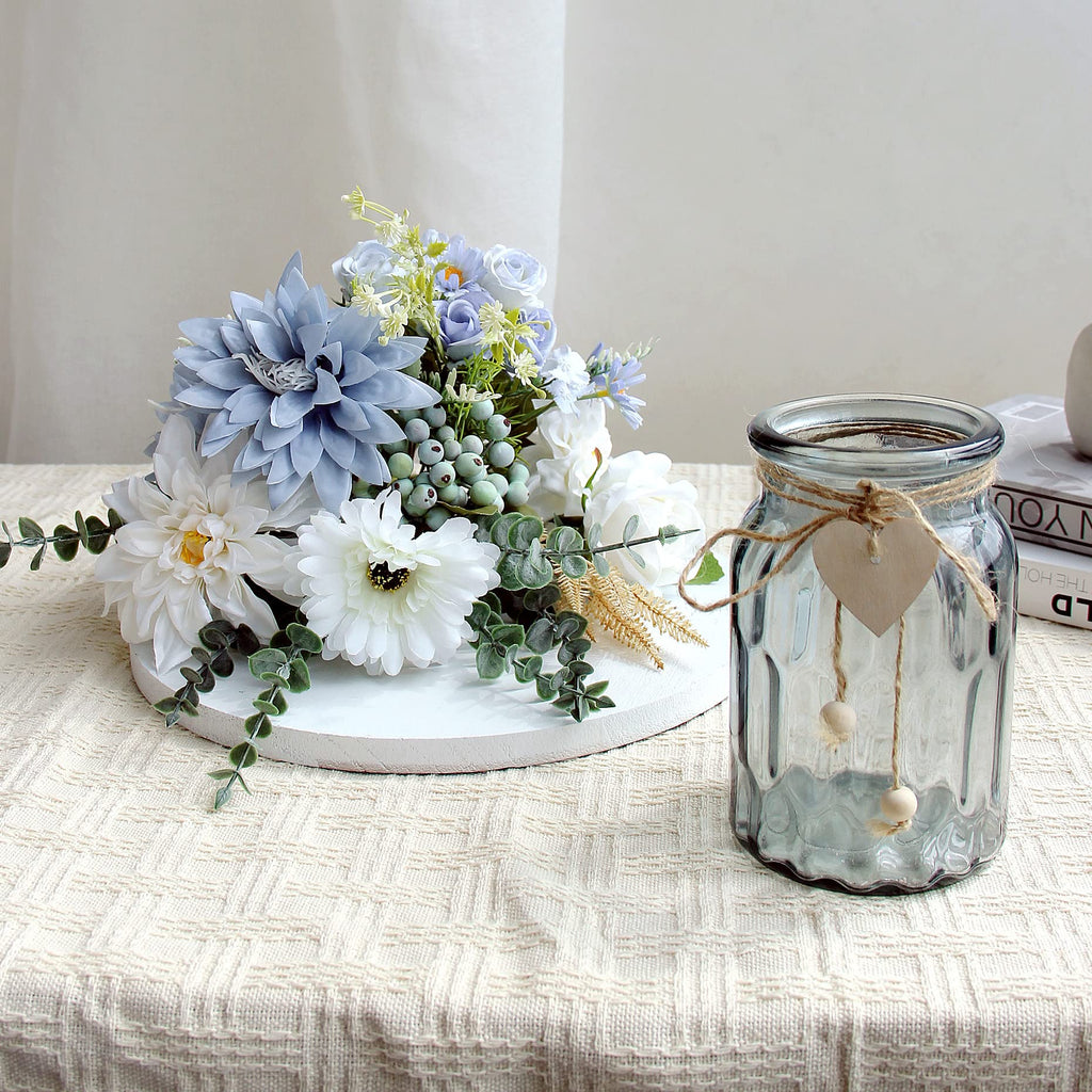 Fake Flowers with Vase, Silk Dusty Blue Rose Hydrangea Artificial Flowers in Vase Faux Dahlia Flowers Arrangement