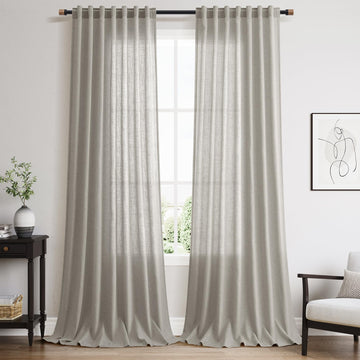 Silver Grey Linen Curtains 120 Inch Extra Long Back Tab Light Filtering Semi Sheer Drapes Modern Farmhouse Boho