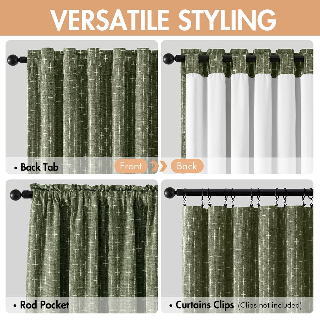 100% Blackout Decorative Linen Curtains with Geometric Pattern, Thick Woven Farmhouse Rustic Patterned Drapes with