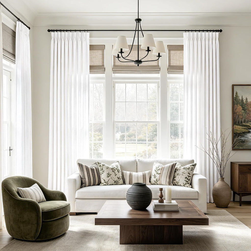 Triple Pinch Pleated White Curtains 102 inch Long for Living Room 2 Panels Light Filtering Semi Sheer White Drapes