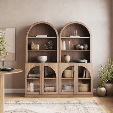 Arched Bookshelf with Glass Doors Set of 2, 71" Tall Wood Display Cabinet with Adjustable Shelf and Hutch, 5 Tier
