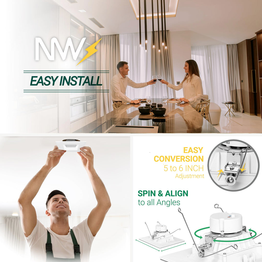 6 Inch Retrofit LED Square Recessed Lighting, CCT 2700-5000K, 4 Pack