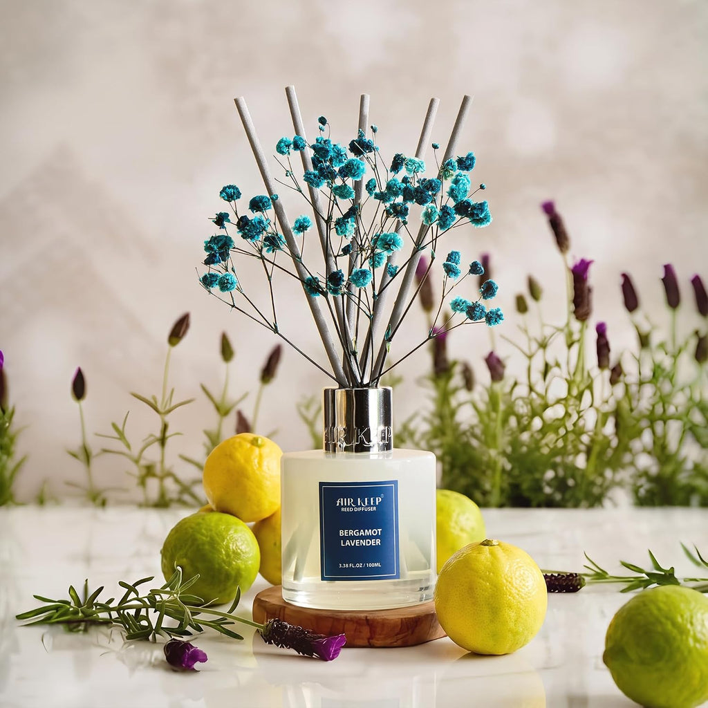 Reed Diffuser Set,3.38 fl oz (100 ml) - Bergamot Lavender Oil Diffusers with 8 Reed Sticks, Home Fragrance Reed