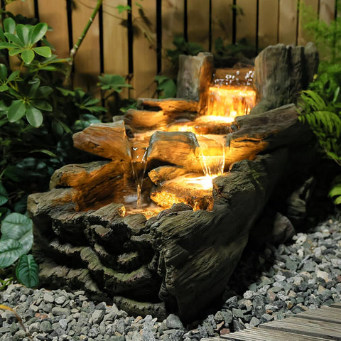 34.5" L Garden Outdoor Water Fountain, Floor Standing Wood Imitation Resin Natural Waterfall Fountains with LED Lights