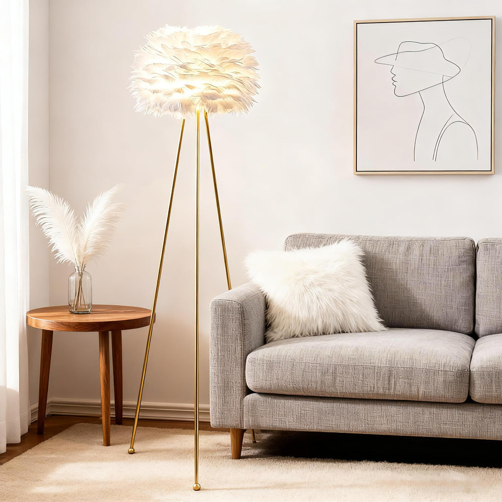 60" Feather Floor Lamp, Tripod Floor Lamp with White Feather Shade, Modern Brass Gold Standing Light s Dining Room